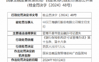 工商银行隆安县支行被罚：因管理不善导致金融许可证遗失