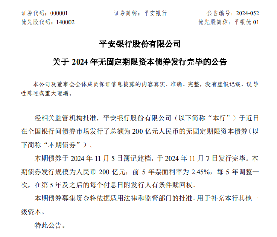 平安银行：200亿元无固定期限资本债券发行完毕-第1张图片-旅游攻略分享平台-独家小贴士